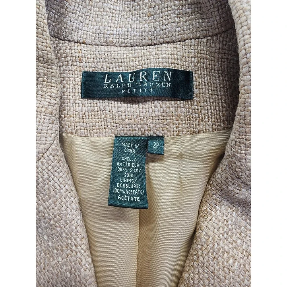 Lauren Ralph Lauren Petite Tan 100% Silk Textured Blazer‎ Jacket Size 2P